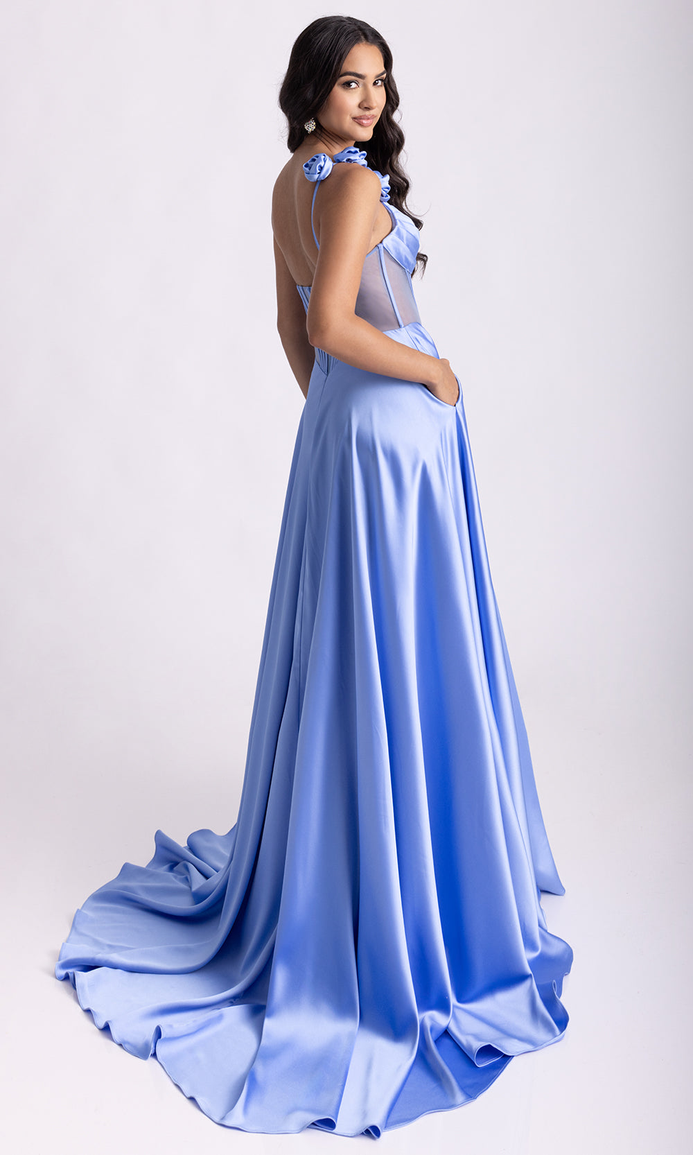 Rachel Allan 71004 - V-Neckline Satin A-Line Evening Gown Prom Dresses in Periwinkle
