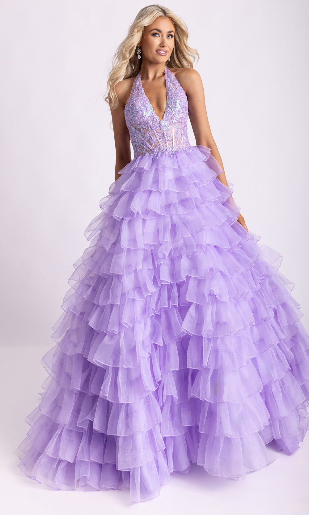 Rachel Allan 71006 - Ruffled Skirt Embellished Halter Gown Prom Dresses in Lilac