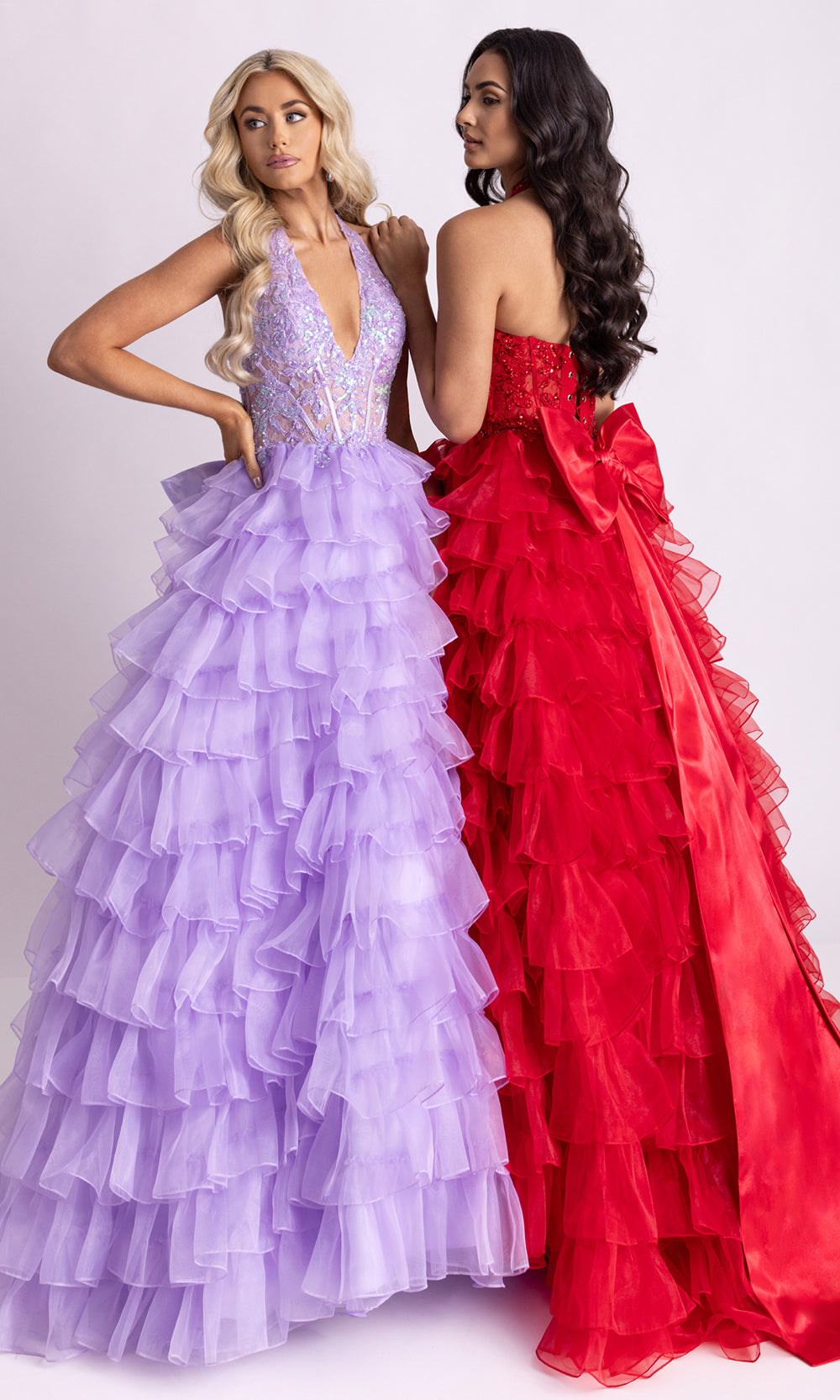 Rachel Allan 71006 - Ruffled Skirt Embellished Halter Gown Prom Dresses in Red Lilac