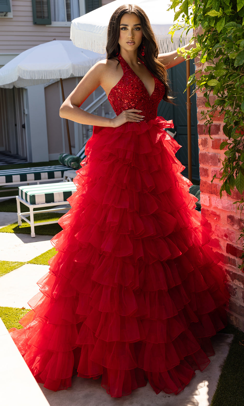 Rachel Allan 71006 - Ruffled Skirt Embellished Halter Gown Prom Dresses in Red