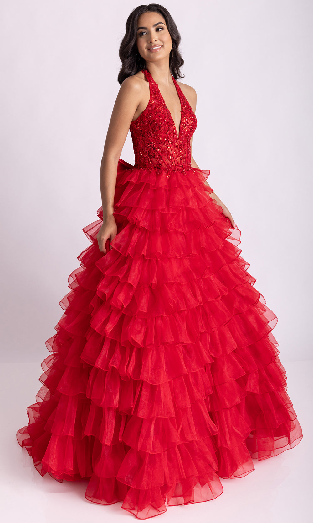 Rachel Allan 71006 - Ruffled Skirt Embellished Halter Gown Prom Dresses in Red