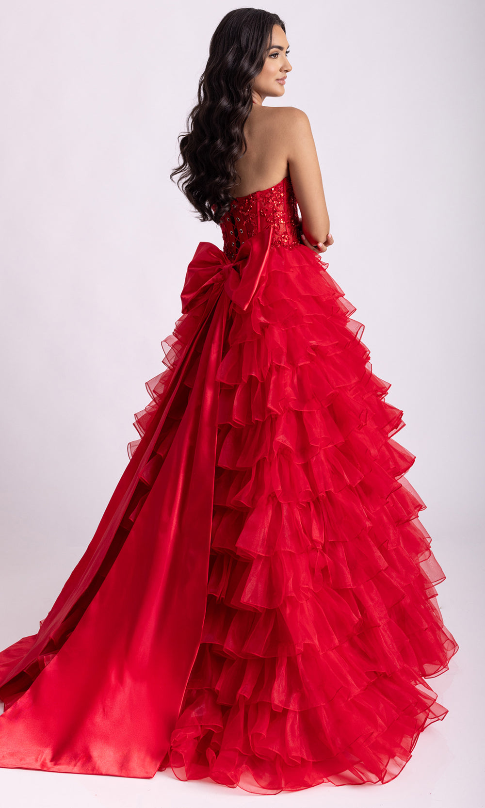 Rachel Allan 71006 - Ruffled Skirt Embellished Halter Gown Prom Dresses in Red