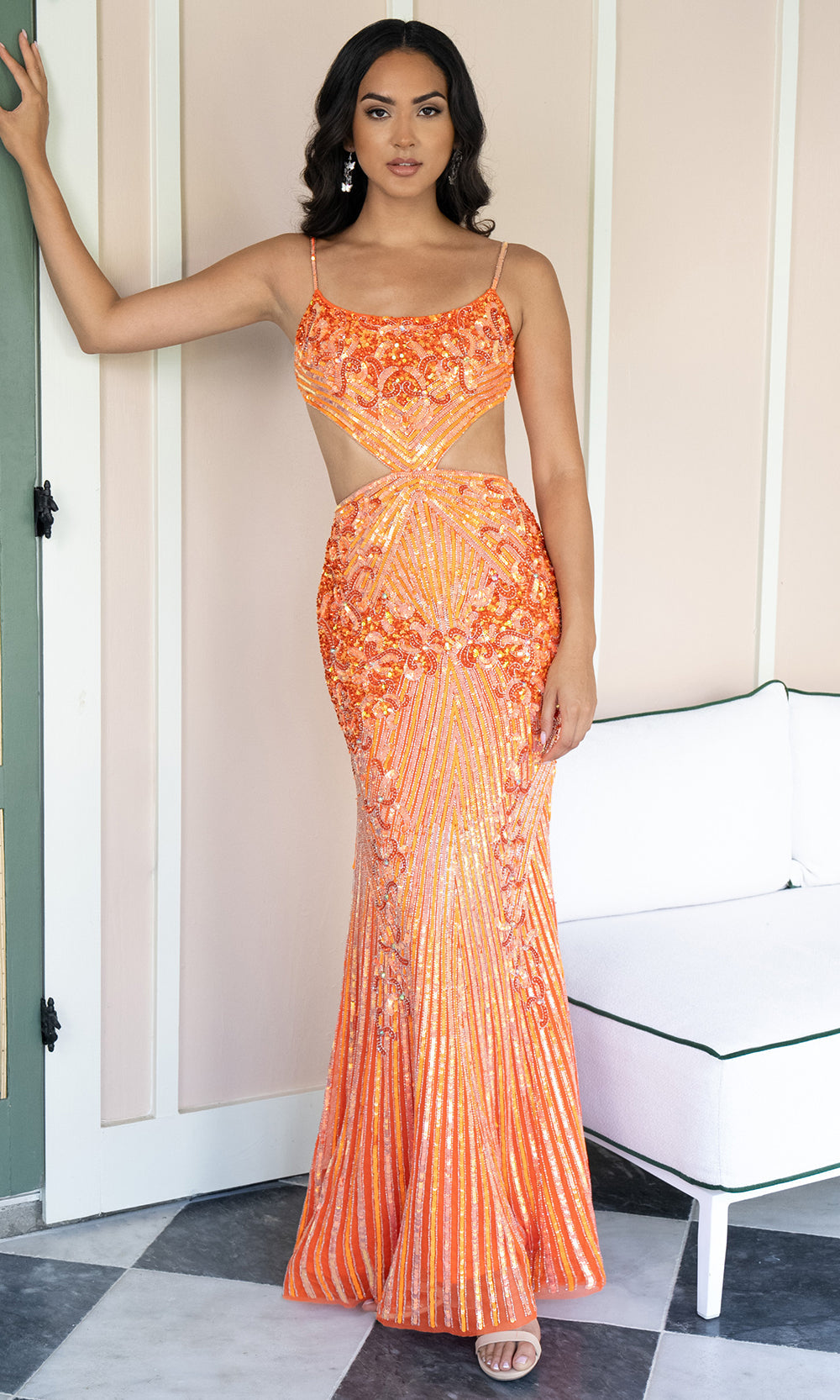Rachel Allan 71007 - Cutout Waist Beaded Column Gown Prom Dresses in Tangerine
