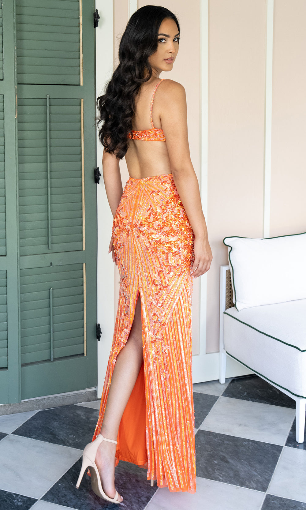 Rachel Allan 71007 - Cutout Waist Beaded Column Gown Prom Dresses in Tangerine