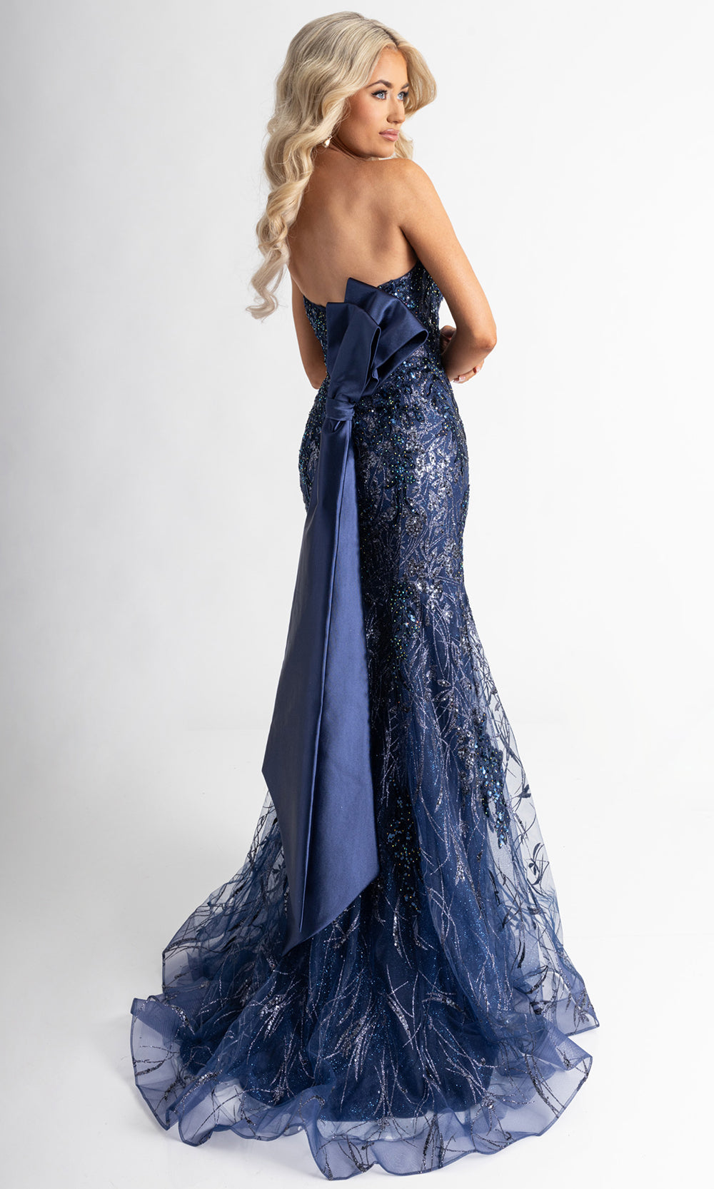 Rachel Allan 71008 - Plunging Sweetheart Bow Train Gown Prom Dresses in Blue