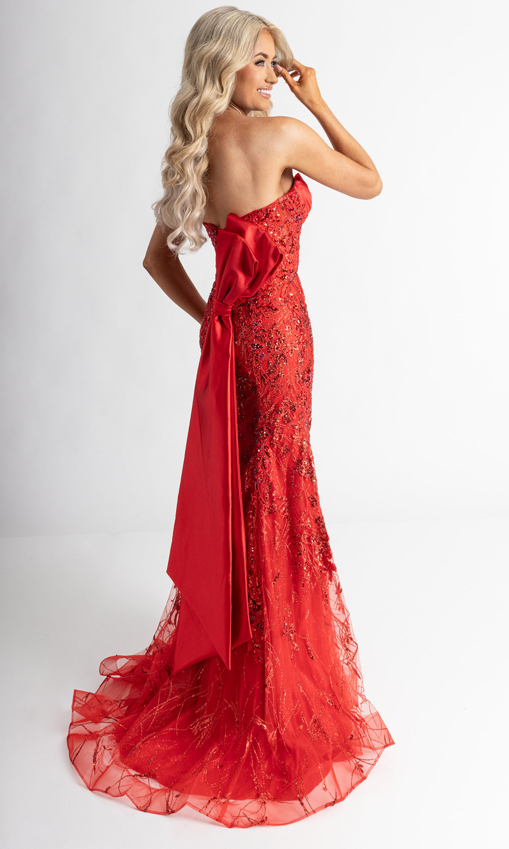 Rachel Allan 71008 - Plunging Sweetheart Bow Train Gown Prom Dresses in Red
