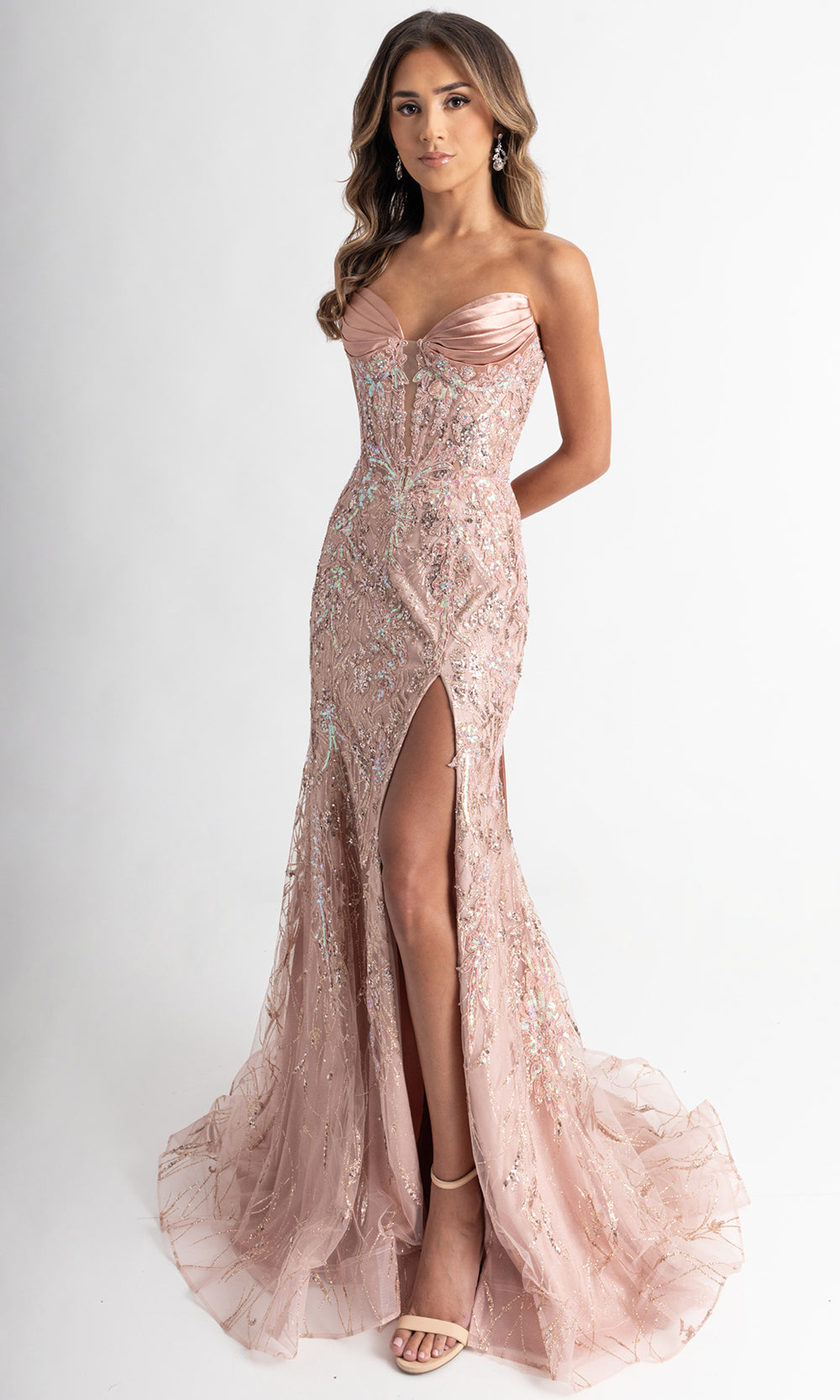Rachel Allan 71008 - Plunging Sweetheart Bow Train Gown Prom Dresses in Pink Gold