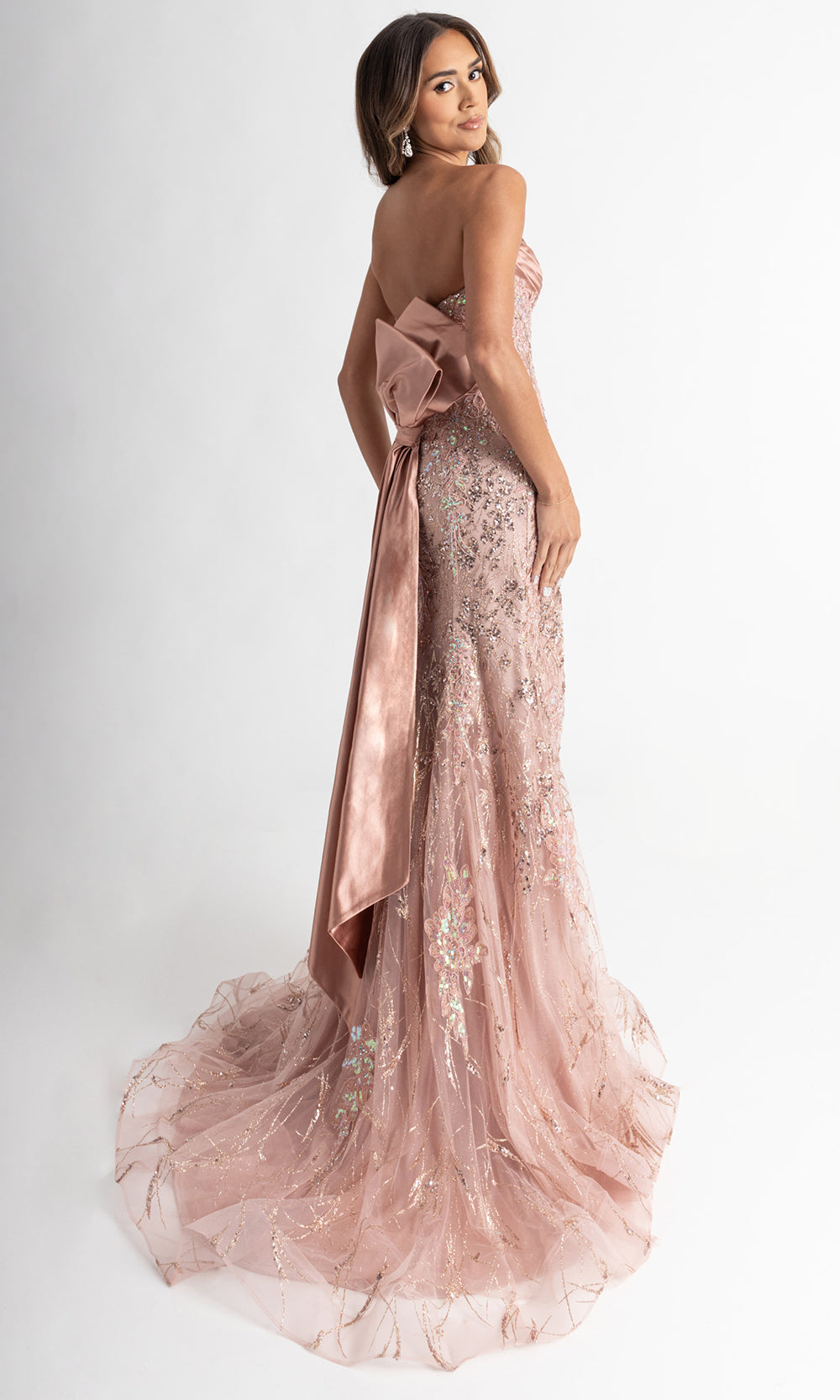 Rachel Allan 71008 - Plunging Sweetheart Bow Train Gown Prom Dresses in Pink Gold