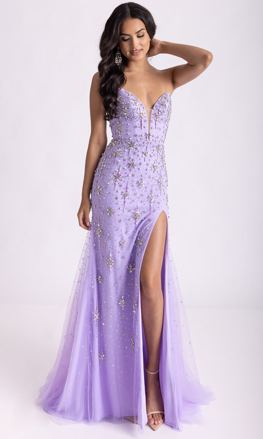 Rachel Allan 71013 - Strapless Starburst Beaded Gown with Slit Prom Dresses in Lilac