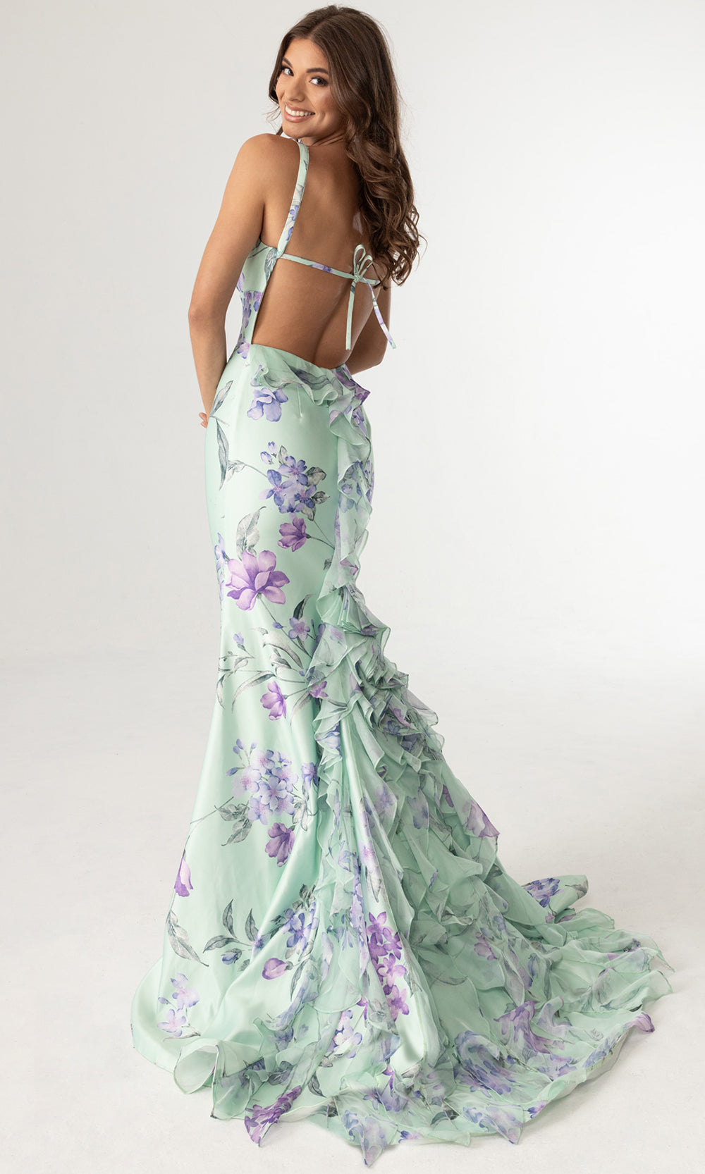 Rachel Allan 71023 - Ruffled Back Floral Print Sleeveless Gown Prom Dresses in Sage