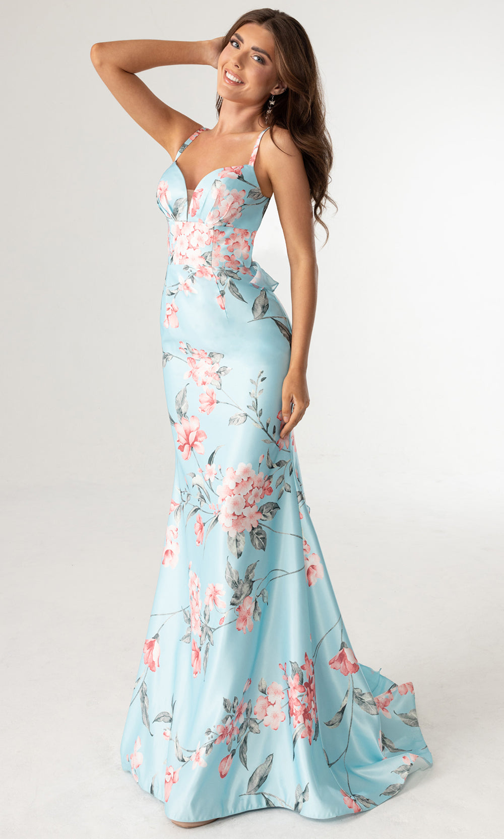 Rachel Allan 71023 - Ruffled Back Floral Print Sleeveless Gown Prom Dresses in Blue