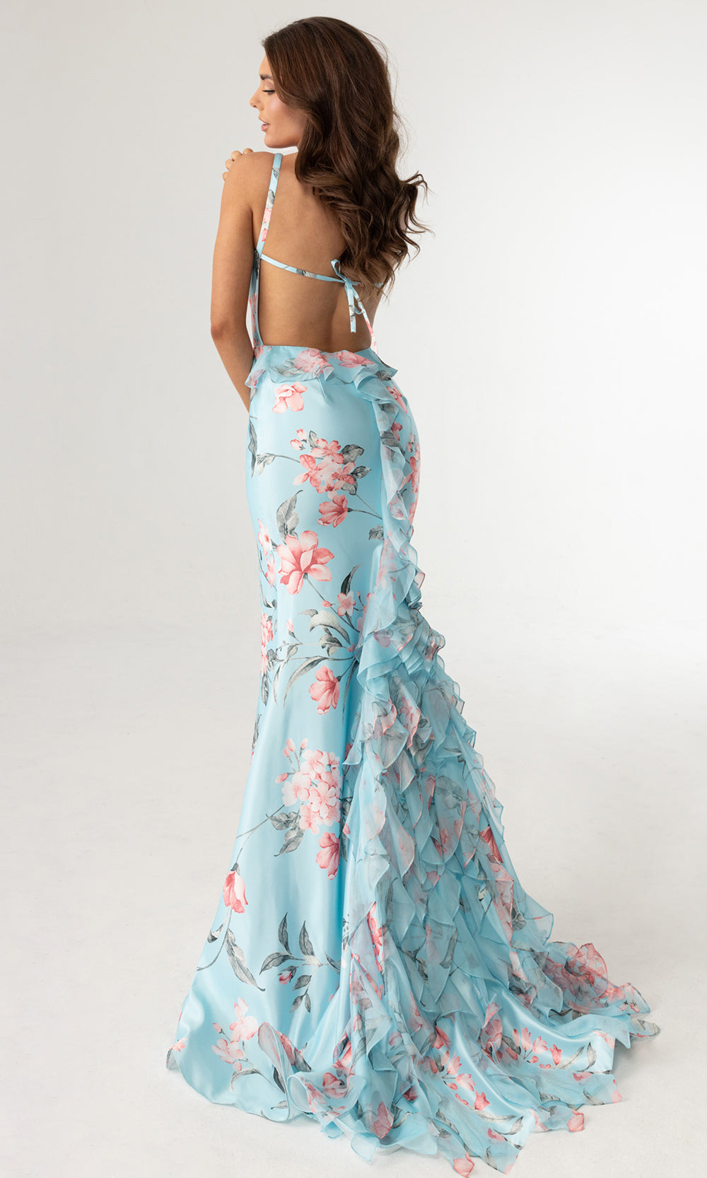 Rachel Allan 71023 - Ruffled Back Floral Print Sleeveless Gown Prom Dresses in Blue