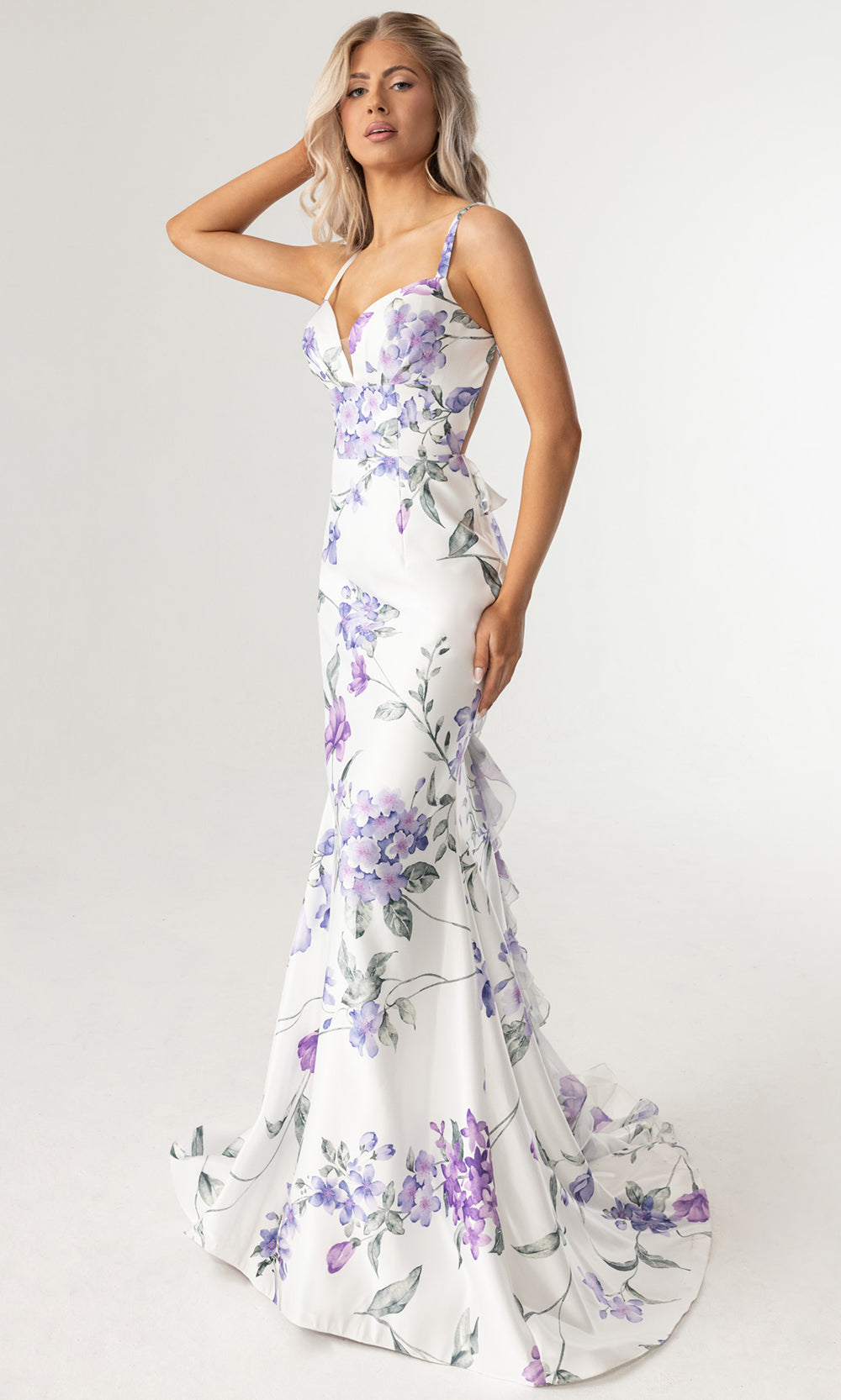 Rachel Allan 71023 - Ruffled Back Floral Print Sleeveless Gown Prom Dresses in White