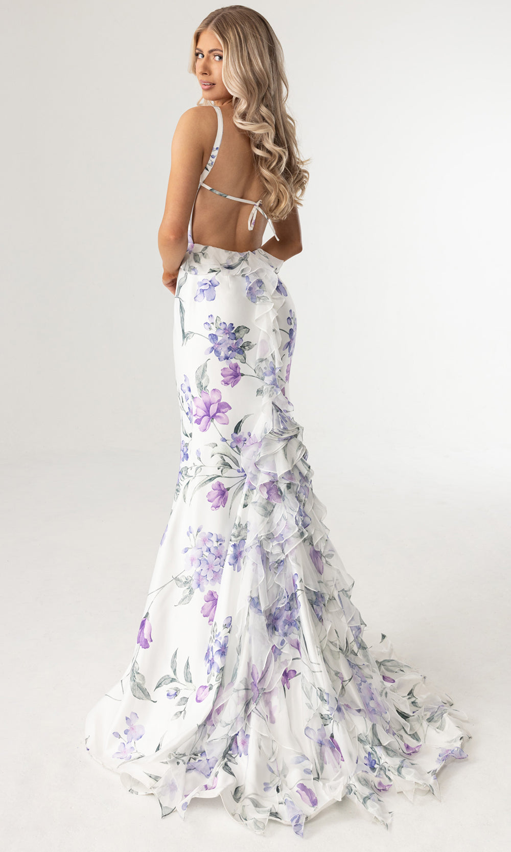 Rachel Allan 71023 - Ruffled Back Floral Print Sleeveless Gown Prom Dresses in White