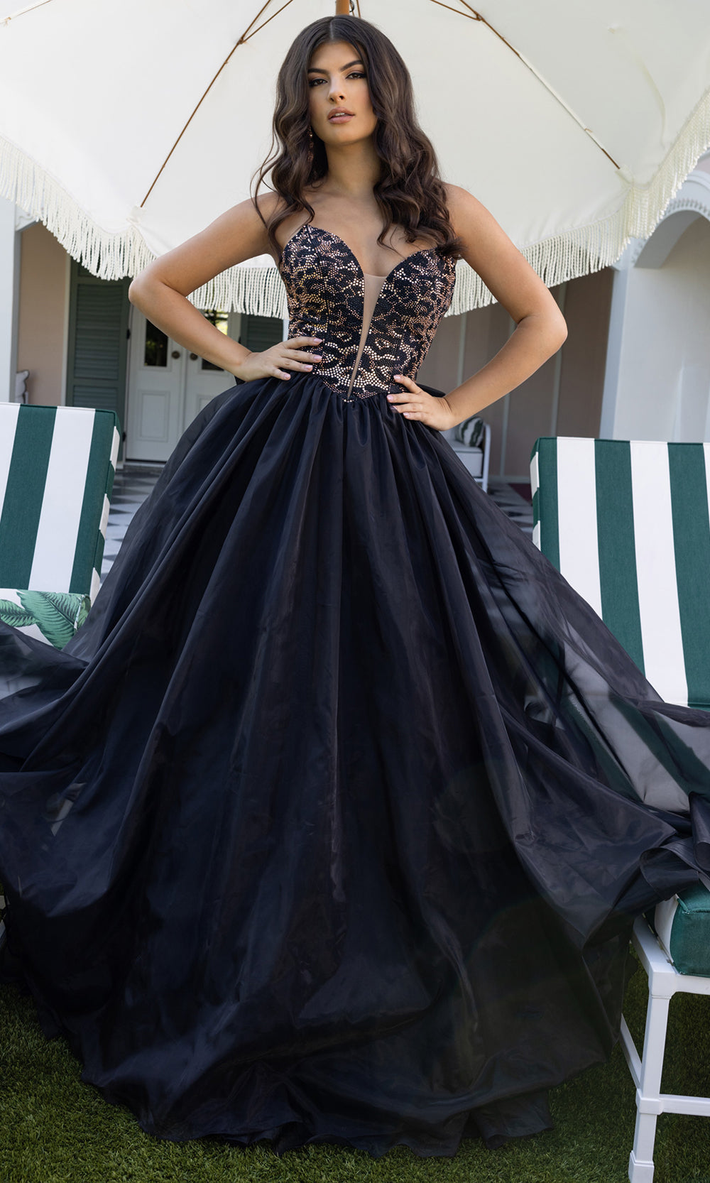 Rachel Allan 71026 - Plunging Neckline Bow Back Ballgown Prom Dresses in Black