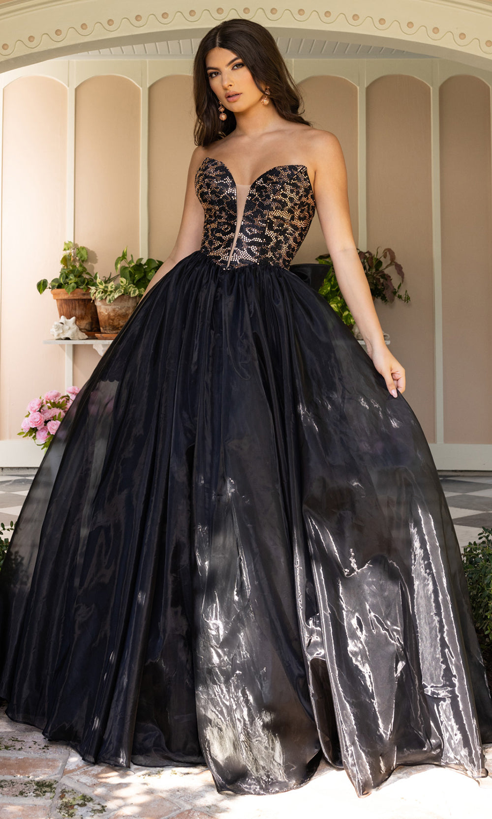 Rachel Allan 71026 - Plunging Neckline Bow Back Ballgown Prom Dresses in Black