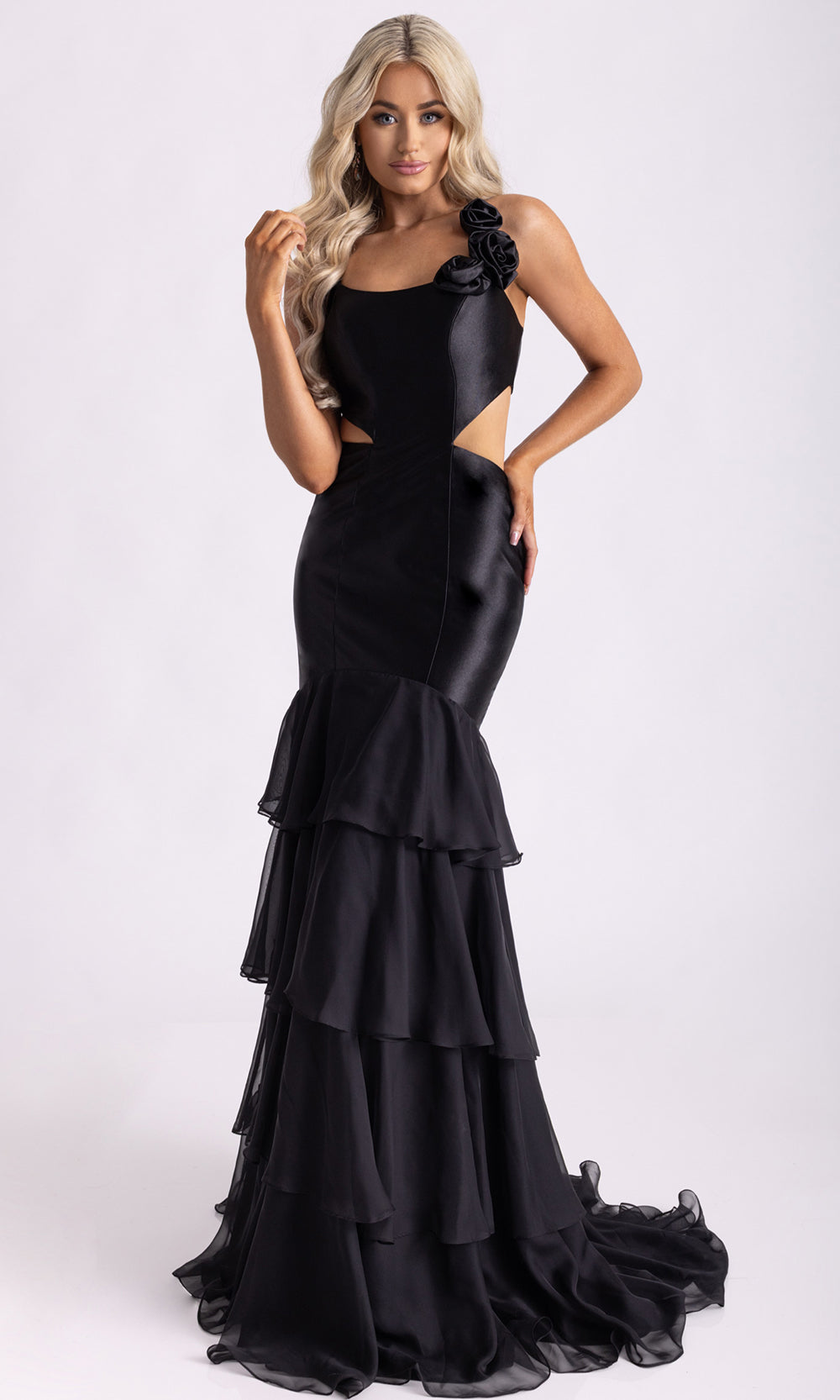 Rachel Allan 71027 - Floral Accent Lace-Up Back Evening Gown Prom Dresses in Black
