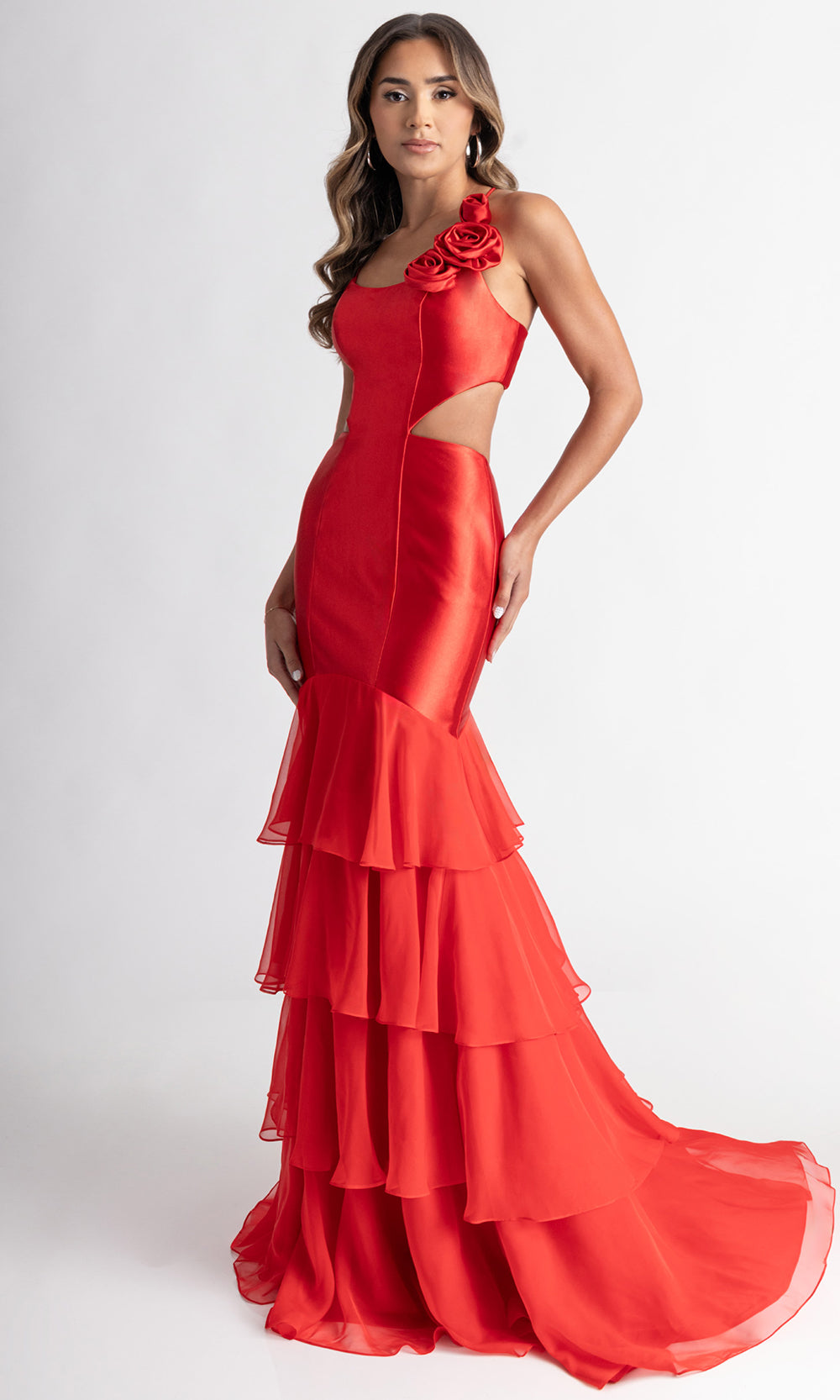 Rachel Allan 71027 - Floral Accent Lace-Up Back Evening Gown Prom Dresses in Red