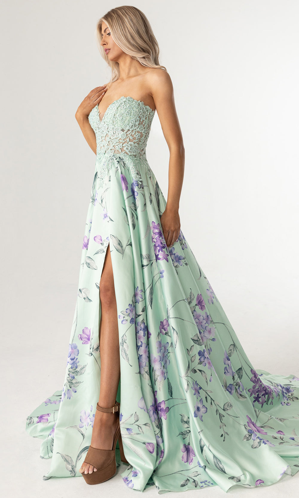 Rachel Allan 71031 - Embroidered Corset A-Line Floral Gown Prom Dresses in Sage