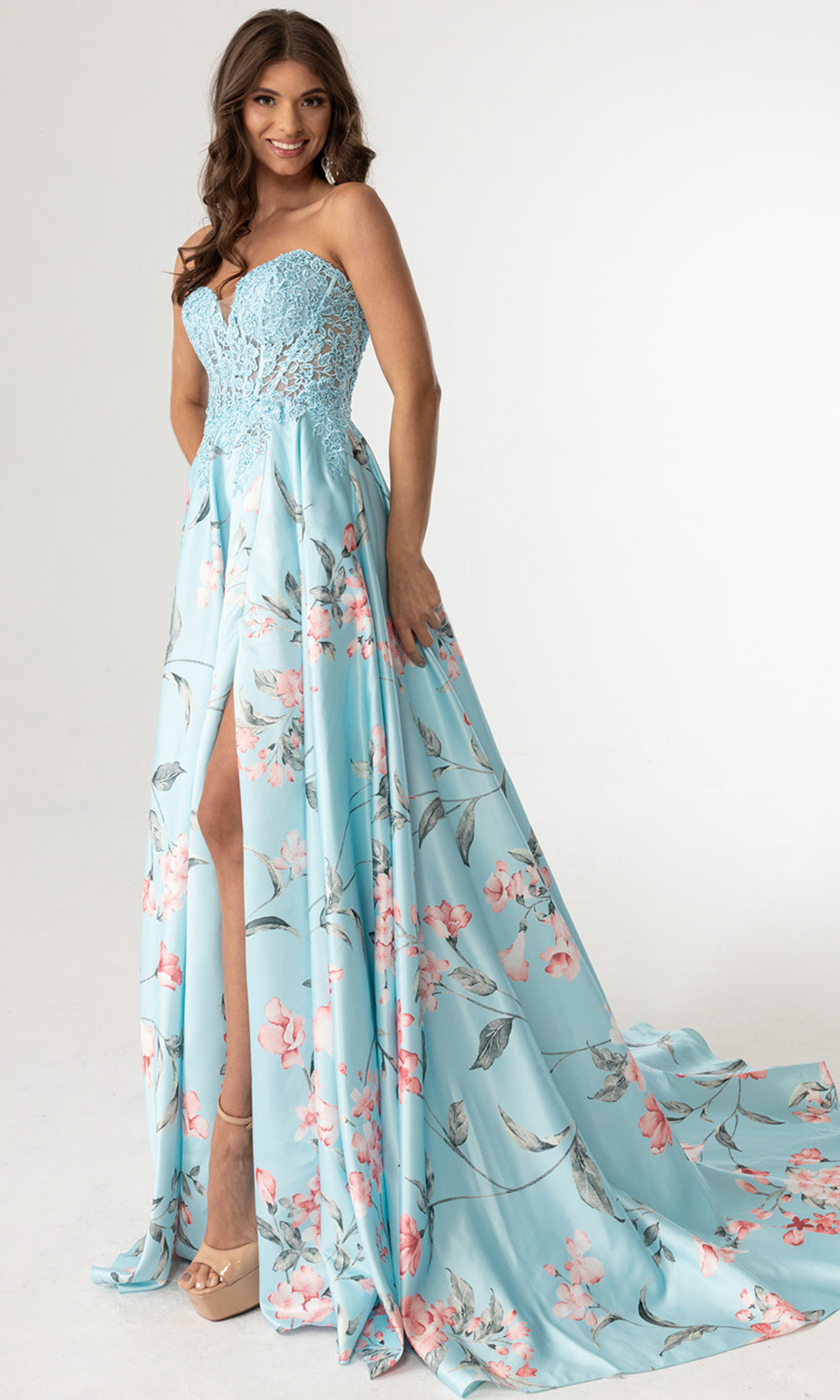 Rachel Allan 71031 - Embroidered Corset A-Line Floral Gown Prom Dresses in Blue
