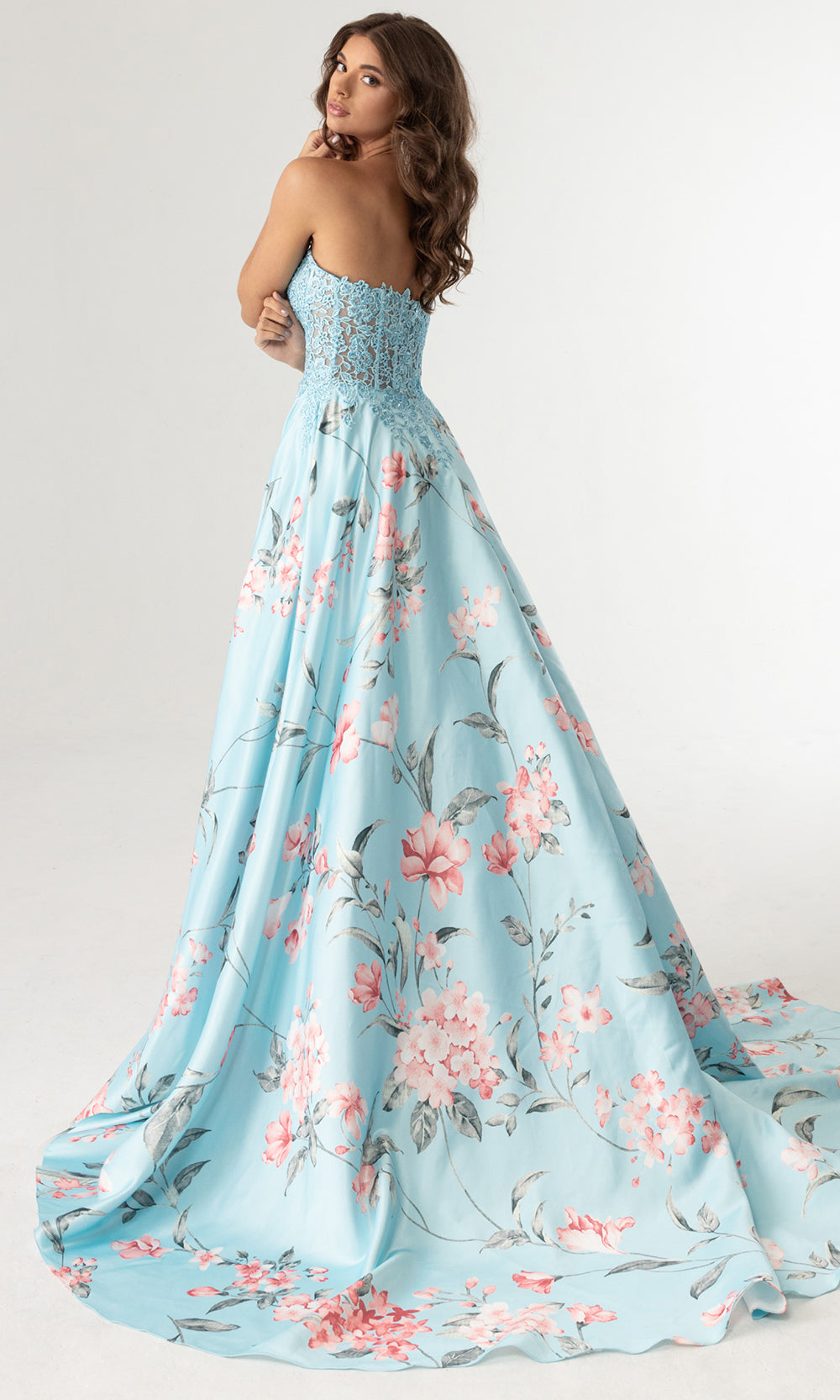 Rachel Allan 71031 - Embroidered Corset A-Line Floral Gown Prom Dresses in Blue