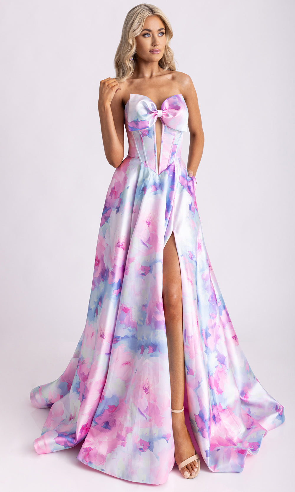 Rachel Allan 71036 - A-Line Skirt Print Mikado Gown with Slit Prom Dresses in Pink