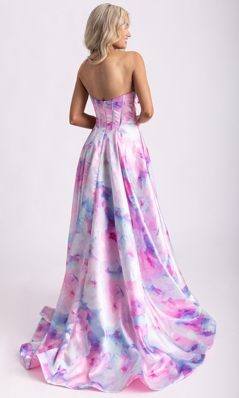 Rachel Allan 71036 - A-Line Skirt Print Mikado Gown with Slit Prom Dresses in Pink