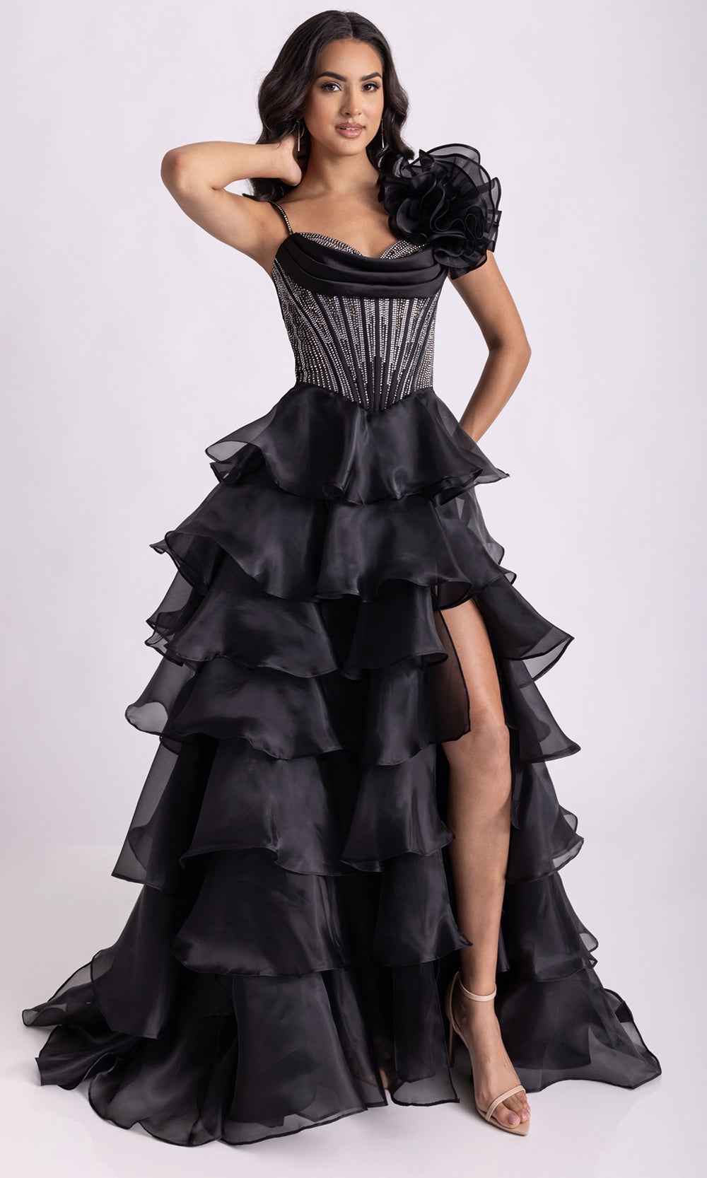 Rachel Allan 71049 - Floral Accent Tiered A-Line Evening Gown Prom Dresses in Black