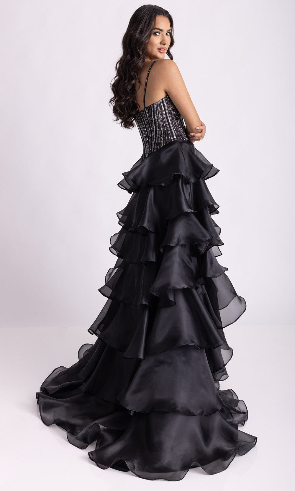 Rachel Allan 71049 - Floral Accent Tiered A-Line Evening Gown Prom Dresses in Black