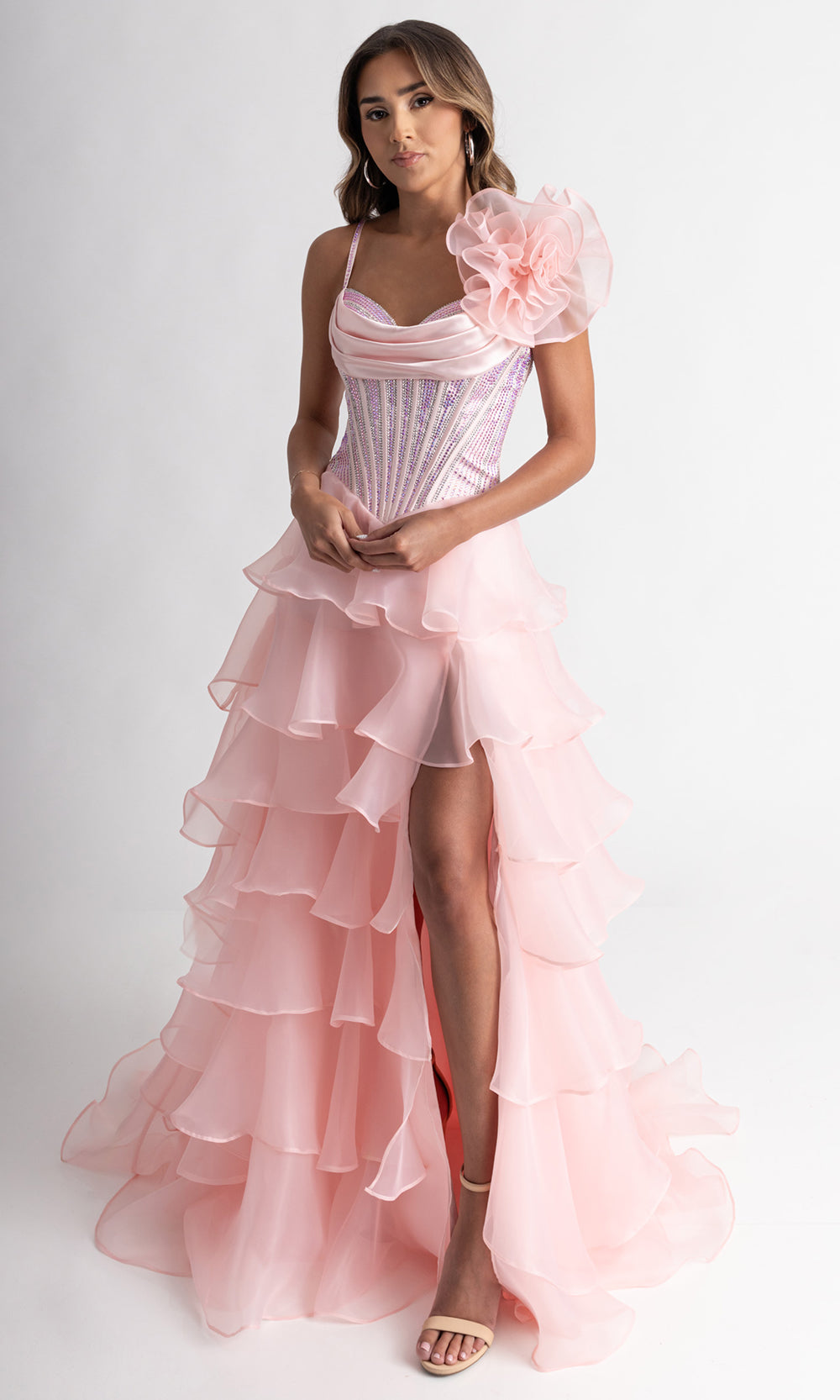 Rachel Allan 71049 - Floral Accent Tiered A-Line Evening Gown Prom Dresses in Pink