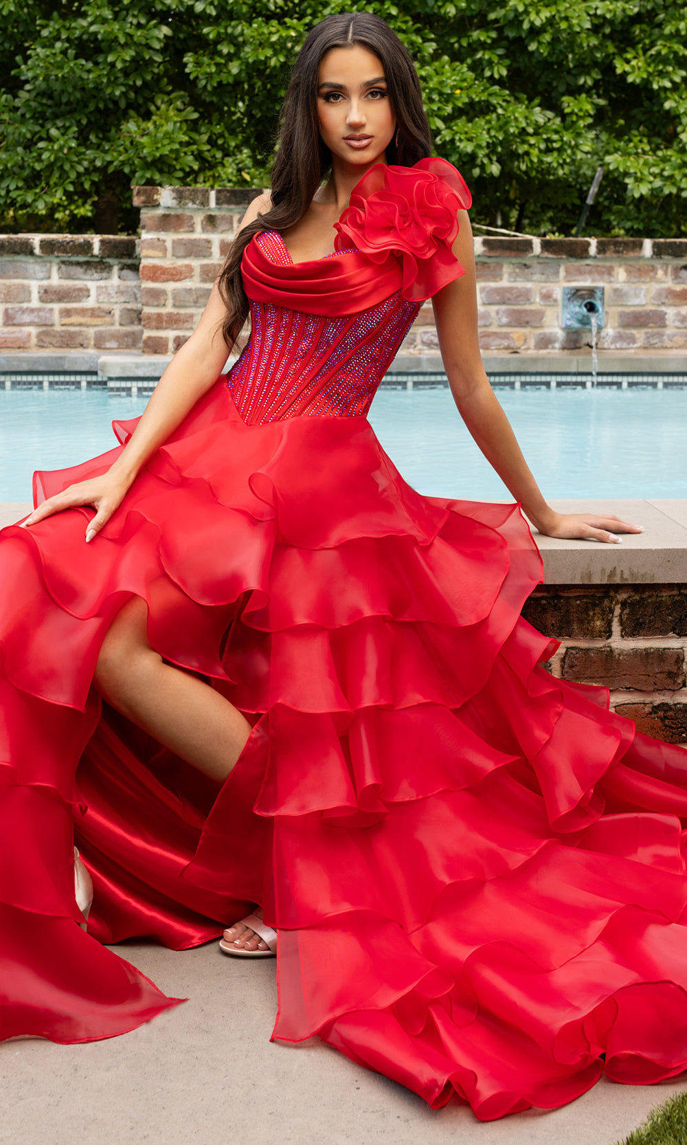 Rachel Allan 71049 - Floral Accent Tiered A-Line Evening Gown Prom Dresses in Red