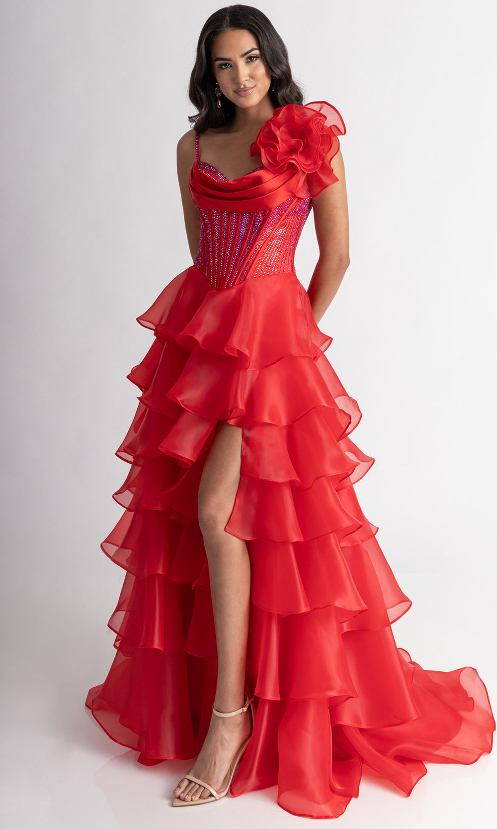 Rachel Allan 71049 - Floral Accent Tiered A-Line Evening Gown Prom Dresses in Red