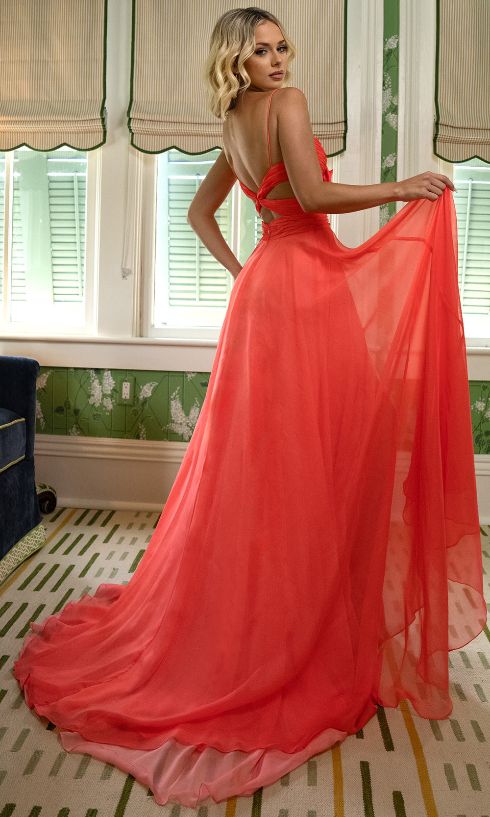 Rachel Allan 71050 - Ruched Bodice V-Neck A-Line Evening Gown Prom Dresses in Coral