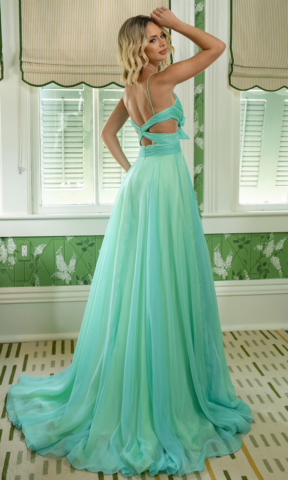 Rachel Allan 71050 - Ruched Bodice V-Neck A-Line Evening Gown Prom Dresses in Green