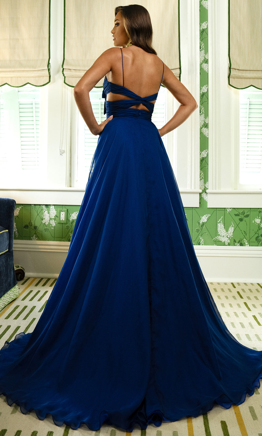 Rachel Allan 71050 - Ruched Bodice V-Neck A-Line Evening Gown Prom Dresses in Blue