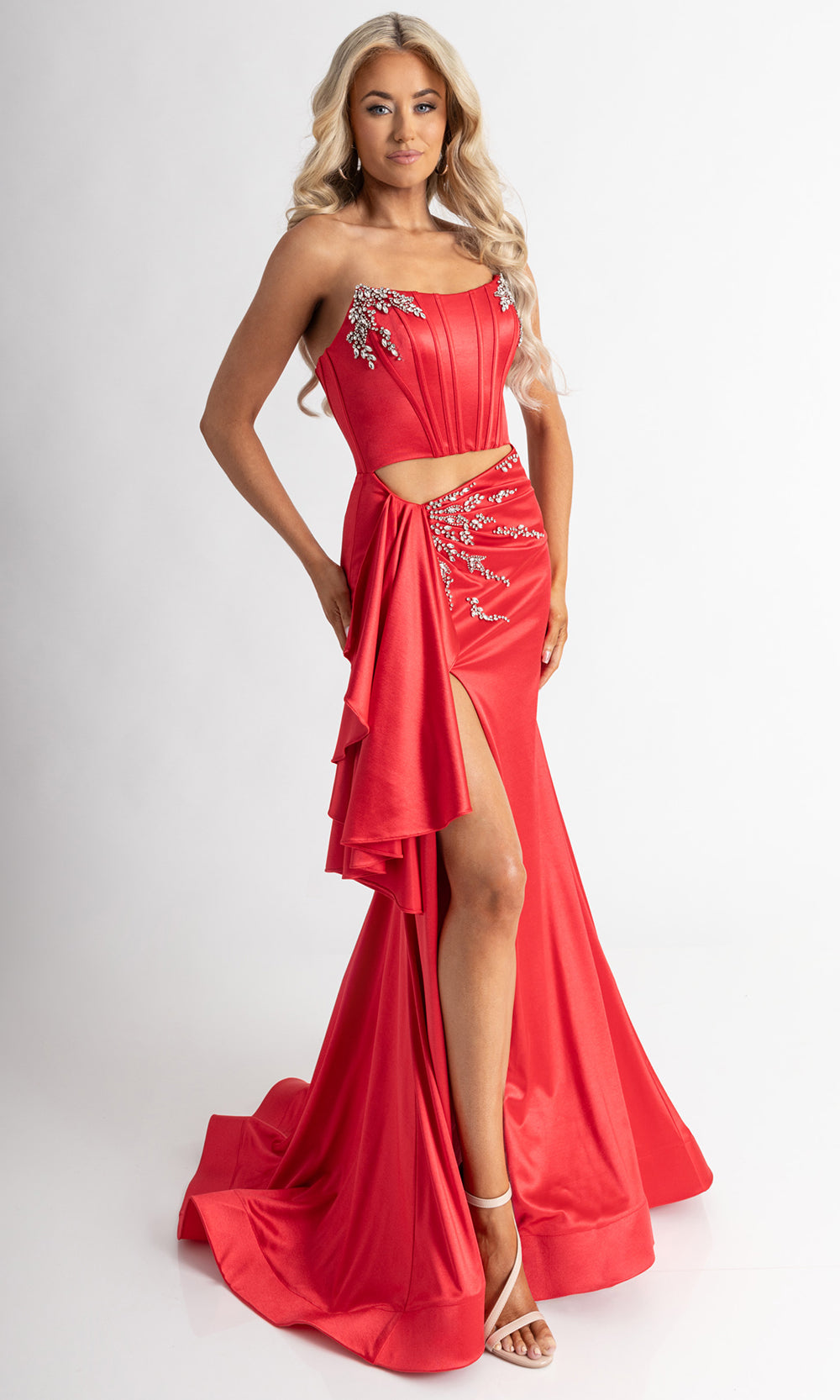 Rachel Allan 71061 - Scoop Neck Prom Gown with Draped Sash Prom Dresses in Red
