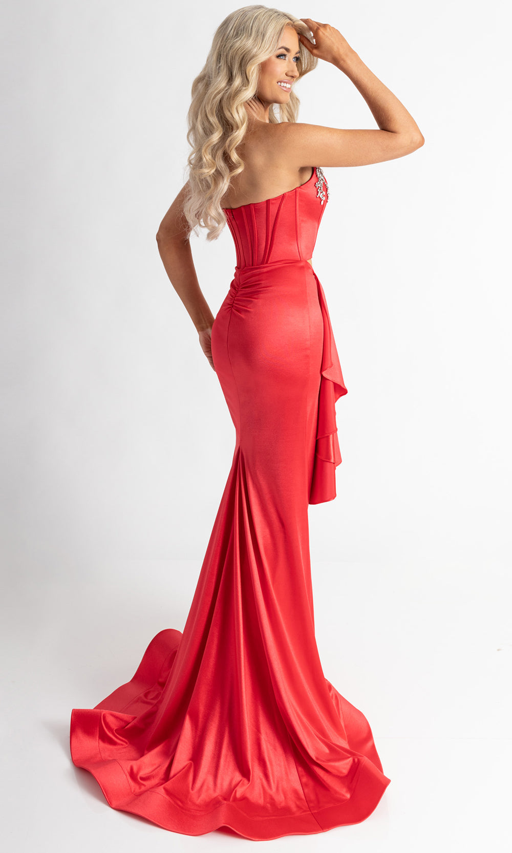 Rachel Allan 71061 - Scoop Neck Prom Gown with Draped Sash Prom Dresses in Red
