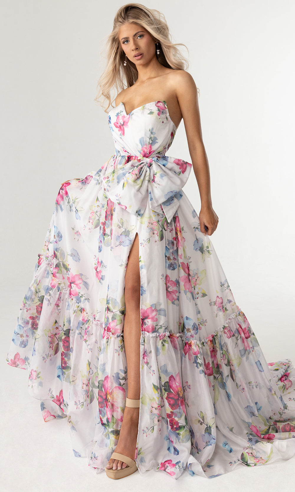 Rachel Allan 71065 - Tiered Floral Sweetheart Gown with Slit Prom Dresses in White