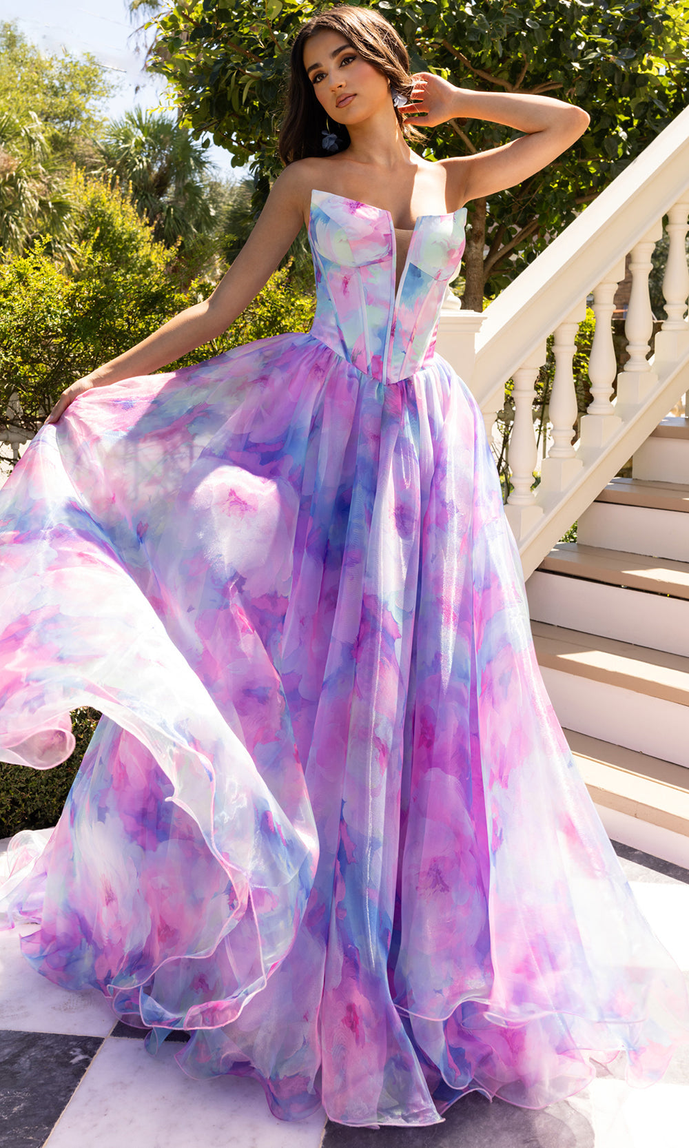 Rachel Allan 71069 - Plunging Corset Watercolor Layered Gown Prom Dresses in Pink