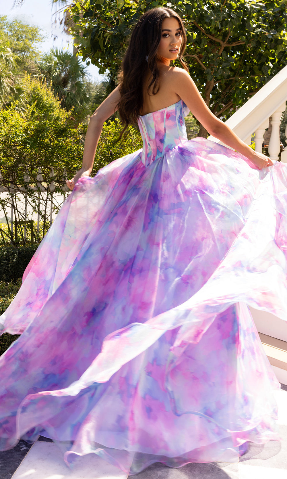 Rachel Allan 71069 - Plunging Corset Watercolor Layered Gown Prom Dresses in Pink