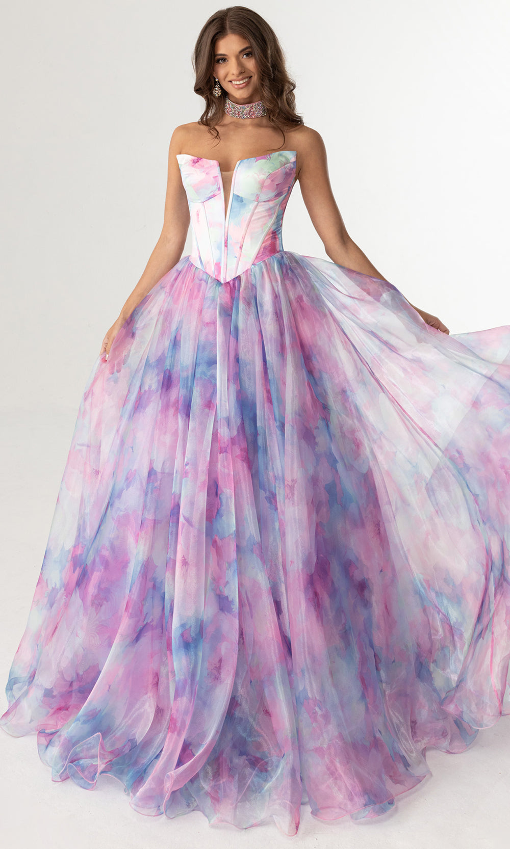Rachel Allan 71069 - Plunging Corset Watercolor Layered Gown Prom Dresses in Pink