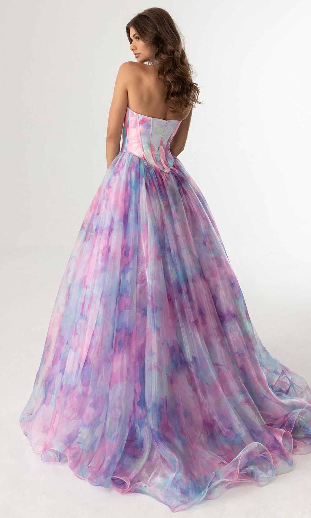 Rachel Allan 71069 - Plunging Corset Watercolor Layered Gown Prom Dresses in Pink