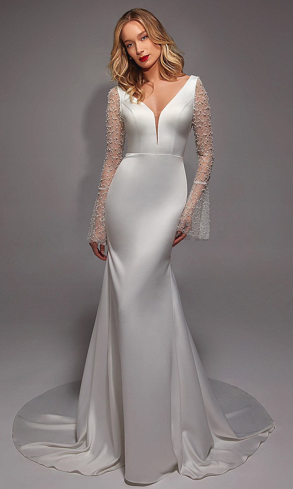 Alyce Paris 7137 - Long Perfect Satin/Lace Trumpet Dress - Long Bell Sleeves, Beaded, Low V-Back, Button Closure, Sweep Train 16 / Diamond White Alyce Paris 7137 - Long Perfect Satin/Lace Trumpet Dress - Long Bell Sleeves, Beaded, Low V-Back, Button Closure, Sweep Train 16 / Diamond White