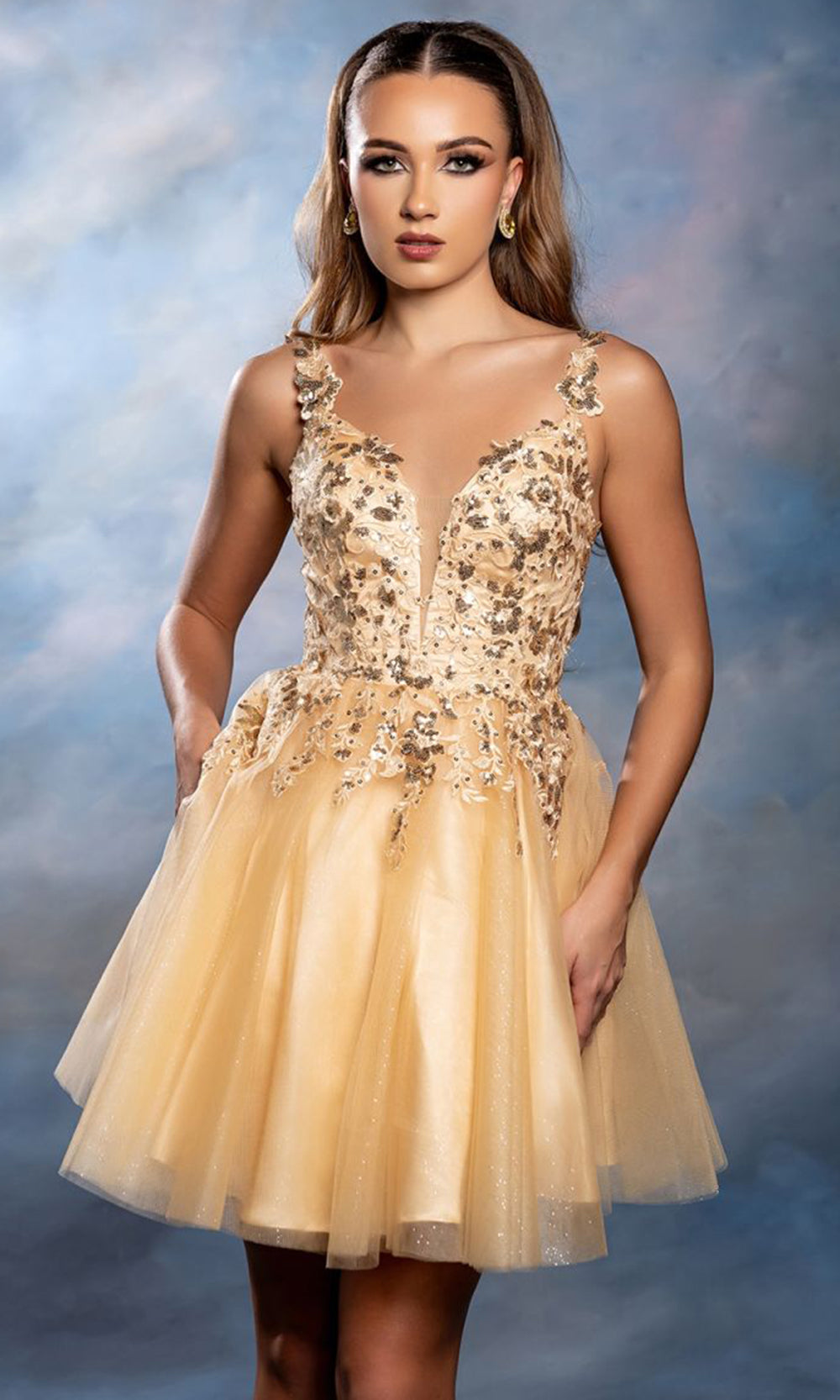 May Queen MQ2246 - Embroidered V Neck Cocktail Dress Spercial Occasion Dresses In Gold