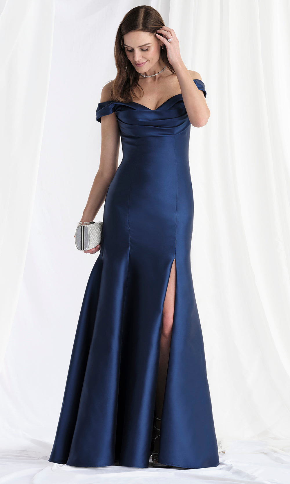 MGNY By Mori Lee 73150SC - Off Shoulder Mikado High Slit Gown