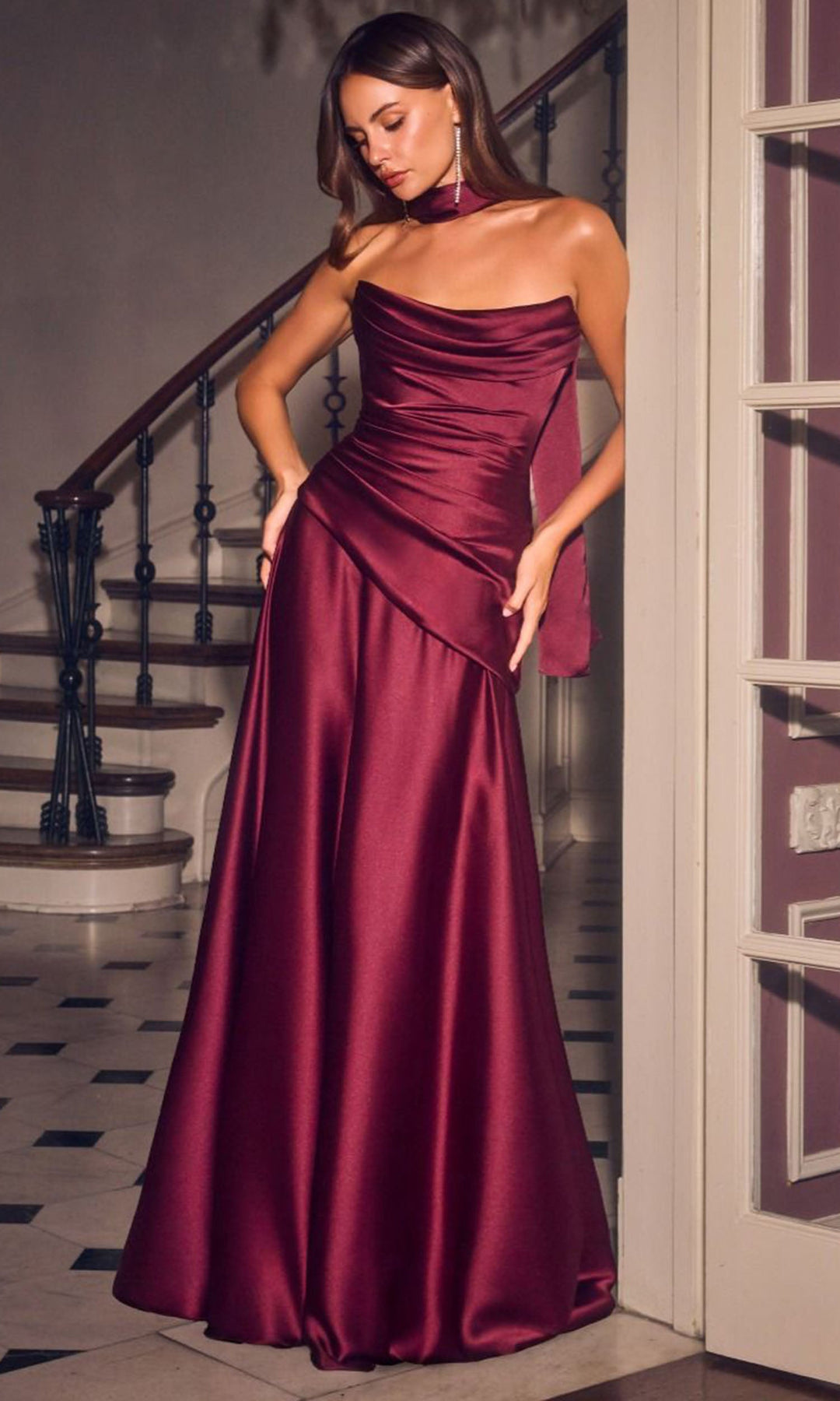 Ladivine 7432 Strapless Satin Ruched Dress