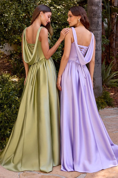Ladivine 7446 - Satin Cowl Neck A-Line Gown In Green, and Purple