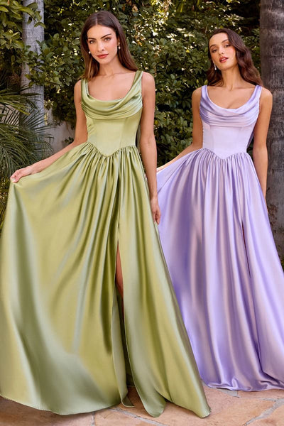 Ladivine 7446 - Satin Cowl Neck A-Line Gown In Green, and Purple