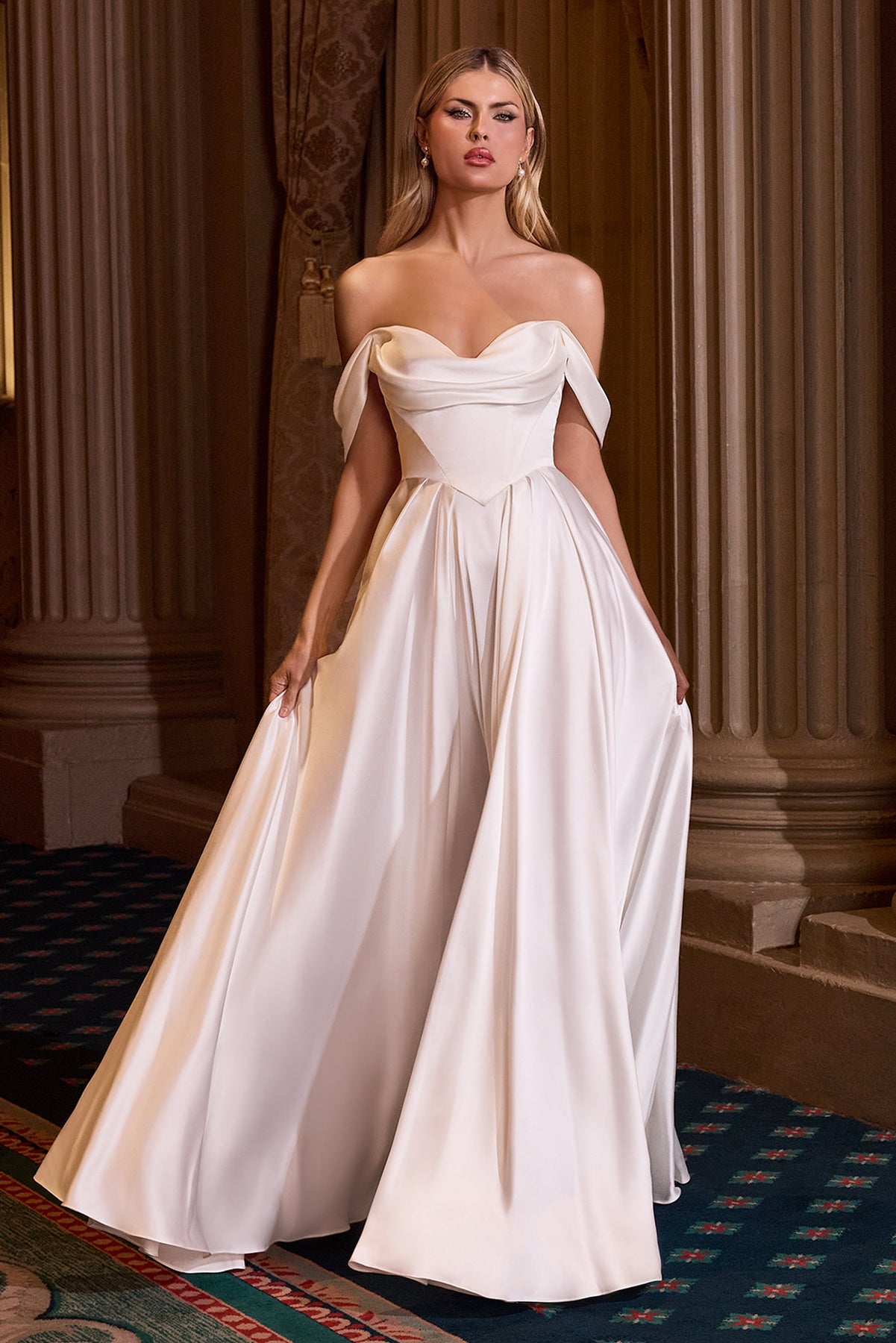 Ladivine 7449W - Long A-line Dress - Draped Off-Shoulder Sleeves, Flowing Skirt With Pleats, Corset Lace-Up Back, Floor Length, High Slit ADASA Ladivine 7449W - Long A-line Dress - Draped Off-Shoulder Sleeves, Flowing Skirt With Pleats, Corset Lace-Up Back, Floor Length, High Slit ADASA