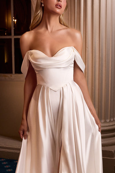 Ladivine 7449W - Pleated Skirt Cowl Neckline Gown Prom Dresses in White